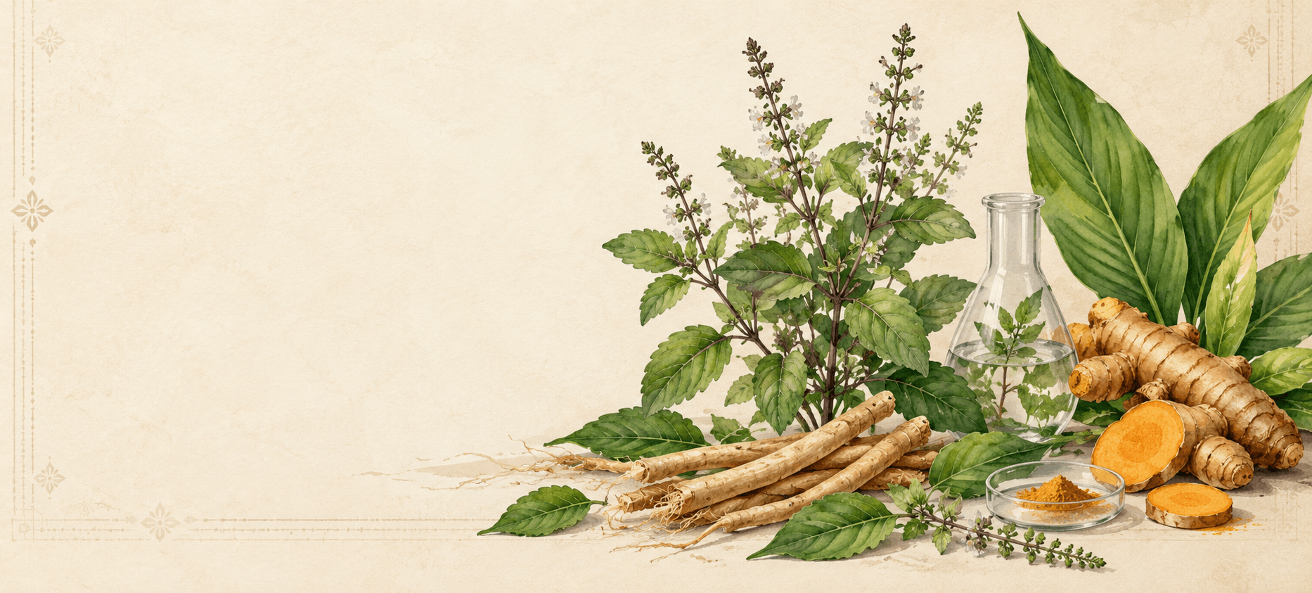 Watercolour tulsi, turmeric and ashwagandha botanicals