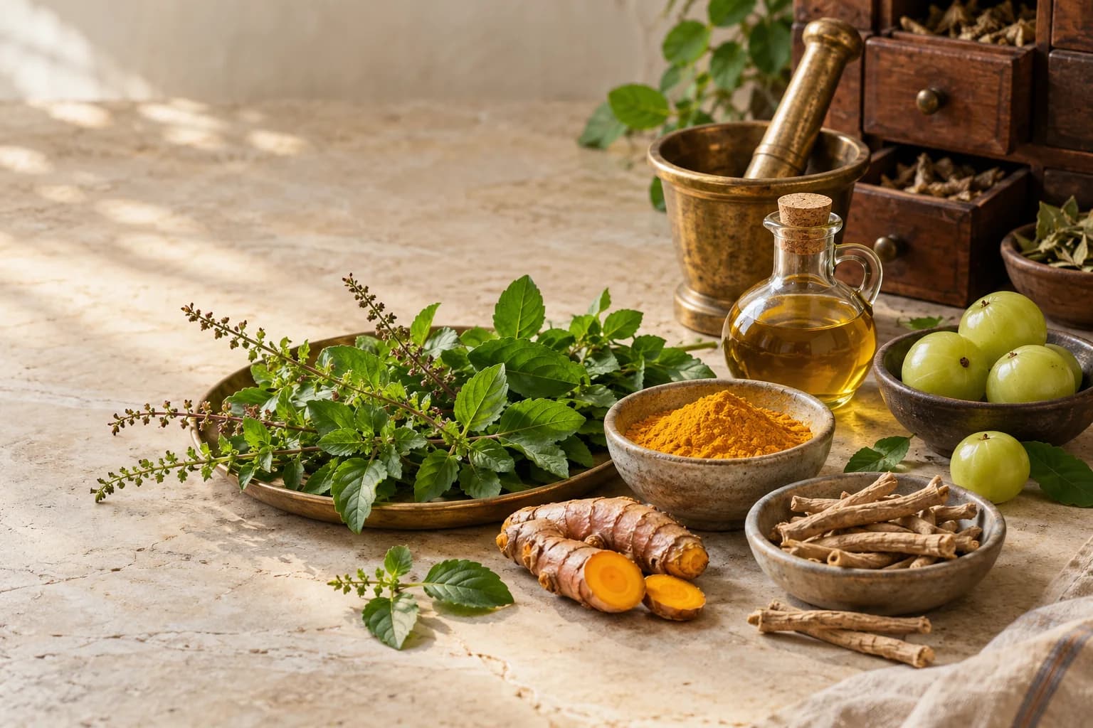 Tulsi, turmeric, amla and ashwagandha arranged with traditional Ayurveda tools